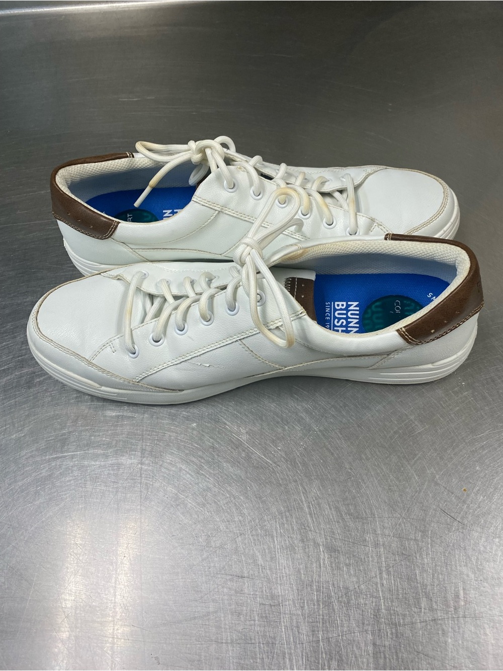 Nunn Bush White Leather Sneakers with Brown Heel Panel